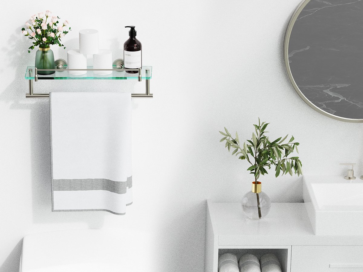 Woindo Bathroom Glass Shelf with Railing, Floating Tempered Glass Bathroom Wall Shelf Rectangle 16 Inch Over The Toilet Storage Cabinet, Gaming Floating Shelves, Bathroom Accessories and Home Decor - 图片 2