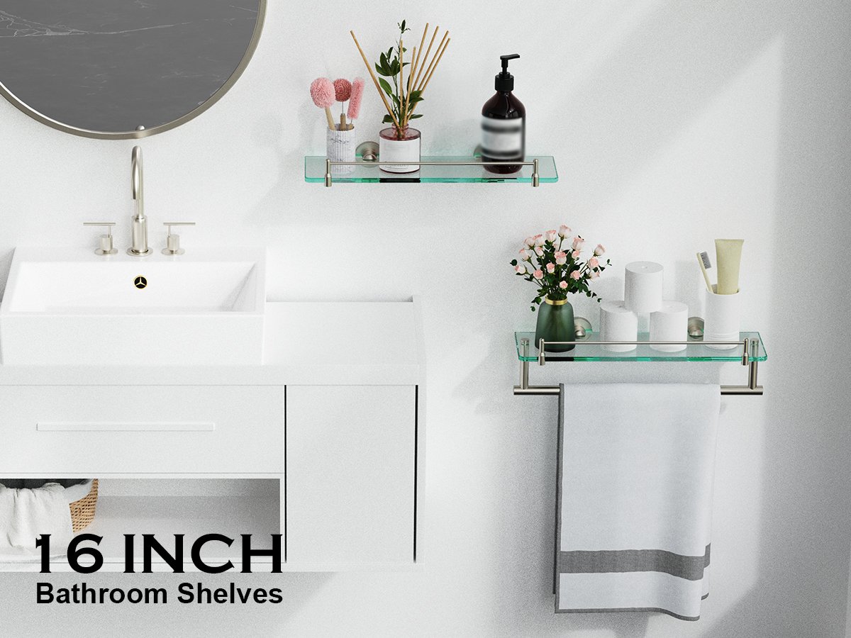 Woindo Bathroom Glass Shelf with Railing, Floating Tempered Glass Bathroom Wall Shelf Rectangle 16 Inch Over The Toilet Storage Cabinet, Gaming Floating Shelves, Bathroom Accessories and Home Decor - 图片 5