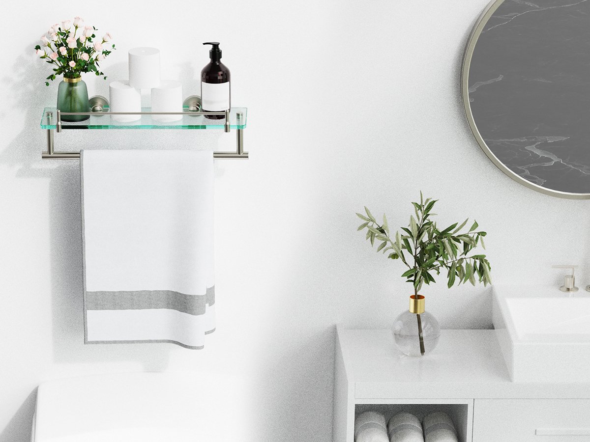 Woindo Bathroom Glass Shelf with Railing, Floating Tempered Glass Bathroom Wall Shelf Rectangle 16 Inch Over The Toilet Storage Cabinet, Gaming Floating Shelves, Bathroom Accessories and Home Decor - 图片 2