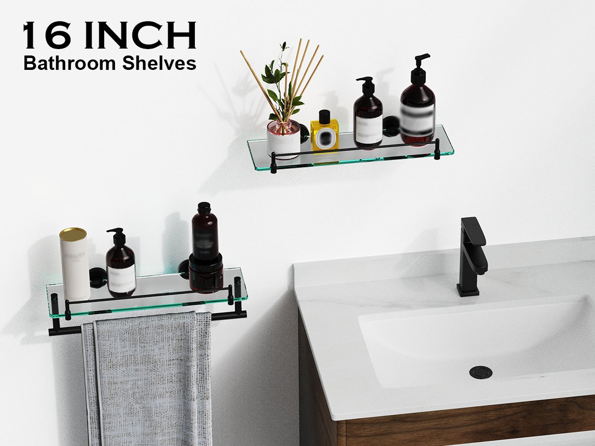 Woindo Bathroom Glass Shelf with Railing, Floating Tempered Glass Bathroom Wall Shelf Rectangle 16 Inch Over The Toilet Storage Cabinet, Gaming Floating Shelves, Bathroom Accessories and Home Decor - 图片 6