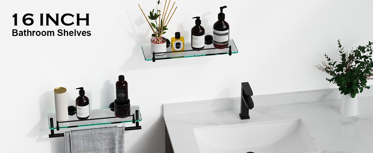 Woindo Bathroom Glass Shelf with Railing, Floating Tempered Glass Bathroom Wall Shelf Rectangle 16 Inch Over The Toilet Storage Cabinet, Gaming Floating Shelves, Bathroom Accessories and Home Decor - 图片 5