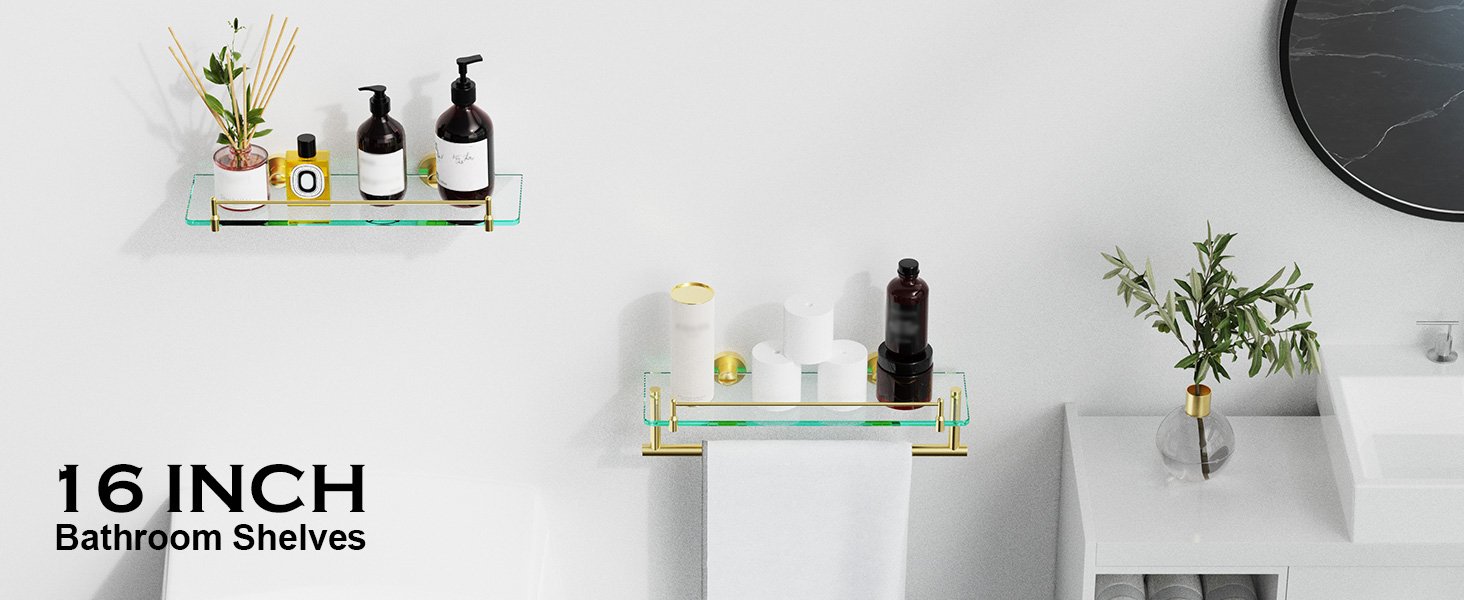 Woindo Bathroom Glass Shelf with Railing, Floating Tempered Glass Bathroom Wall Shelf Rectangle 16 Inch Over The Toilet Storage Cabinet, Gaming Floating Shelves, Bathroom Accessories and Home Decor - 图片 5