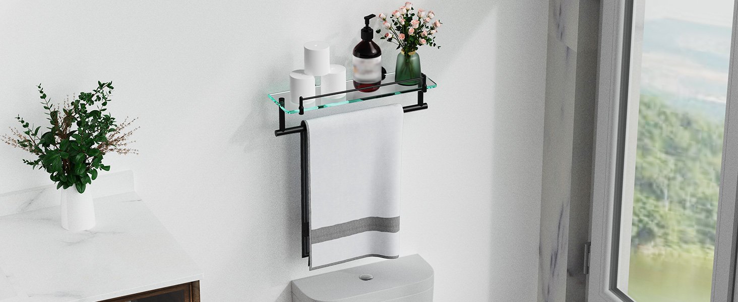 Woindo Bathroom Glass Shelf with Railing, Floating Tempered Glass Bathroom Wall Shelf Rectangle 16 Inch Over The Toilet Storage Cabinet, Gaming Floating Shelves, Bathroom Accessories and Home Decor - 图片 2