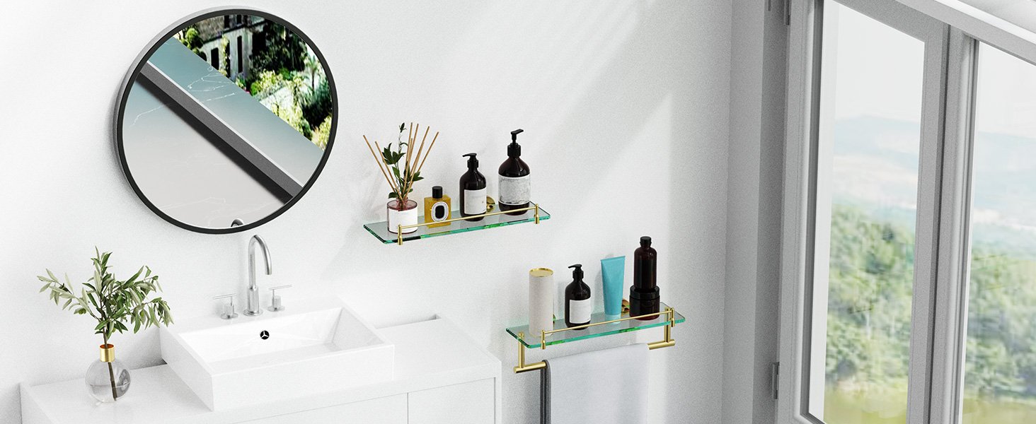 Woindo Bathroom Glass Shelf with Railing, Floating Tempered Glass Bathroom Wall Shelf Rectangle 16 Inch Over The Toilet Storage Cabinet, Gaming Floating Shelves, Bathroom Accessories and Home Decor - 图片 2