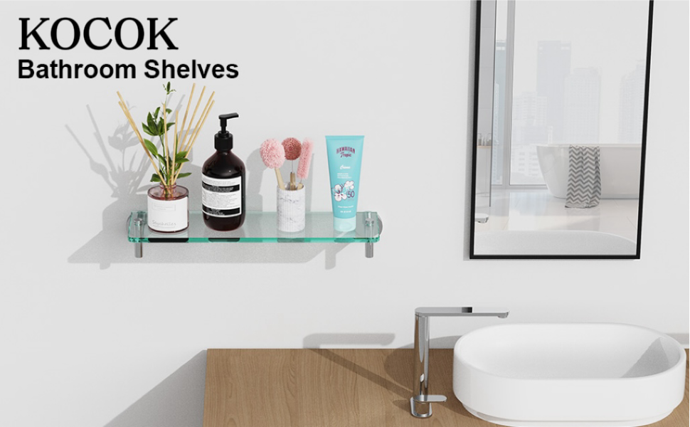 Woindo Bathroom Glass Shelf, Floating Tempered Glass Bathroom Wall Shelf Rectangle 20 Inch Shelves Chrome Polished Bracket Mount Modern - 图片 2