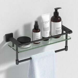 Woindo Bathroom Glass Shelf with Full-coverage Railing, Floating Tempered Glass Bathroom Wall Shelf Rectangle 16 Inch Over The Toilet Storage Cabinet, Towels, Gaming Floating Shelves