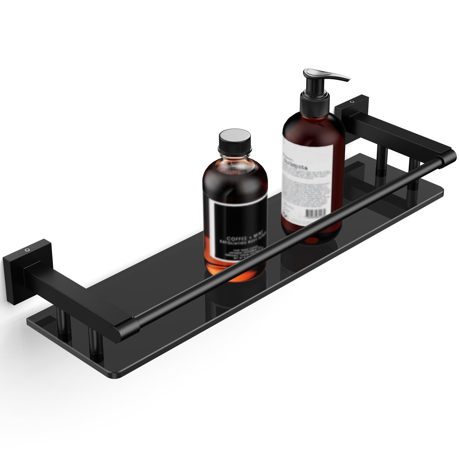 Woindo Bathroom Glass Shelf with Full-coverage Railing, Floating Tempered Glass Bathroom Wall Shelf Rectangle 20 Inch Shelves Black Bracket Mount Modern - 图片 10