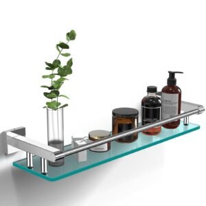 Woindo Bathroom Glass Shelf with Full-coverage Railing, Floating Tempered Glass Bathroom Wall Shelf Rectangle 20 Inch Shelves Chrome Polished Bracket Mount Modern