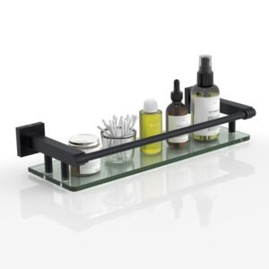Woindo Bathroom Glass Shelf with Full-coverage Railing, Floating Tempered Glass Bathroom Wall Shelf Rectangle 16 Inch Shelves Black Bracket Mount Modern