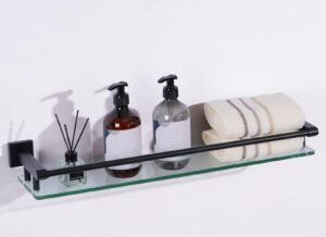Woindo Bathroom Glass Shelf with Full-coverage Railing, Floating Tempered Glass Bathroom Wall Shelf Rectangle 24 Inch Shelves Black Bracket Mount Modern