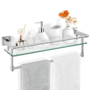 Woindo Bathroom Glass Shelf with Full-coverage Railing, Floating Tempered Glass Bathroom Wall Shelf Rectangle 20 Inch Over The Toilet Storage Cabinet, Towels, Gaming Floating Shelves