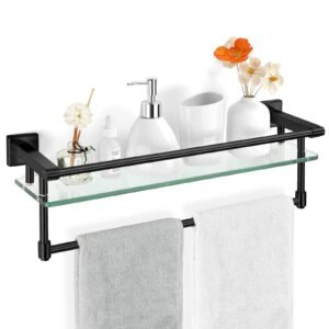 Woindo Bathroom Glass Shelf with Full-coverage Railing, Floating Tempered Glass Bathroom Wall Shelf Rectangle 20 Inch Over The Toilet Storage Cabinet, Towels, Gaming Floating Shelves