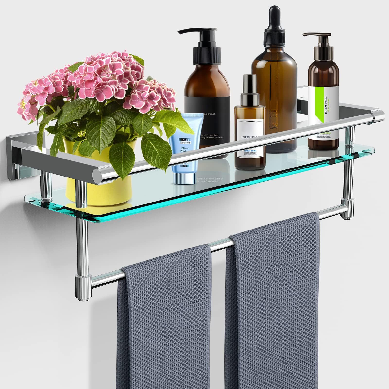Woindo Bathroom Glass Shelf with Full-coverage Railing, Floating Tempered Glass Bathroom Wall Shelf Rectangle 20 Inch Over The Toilet Storage Cabinet, Towels, Gaming Floating Shelves