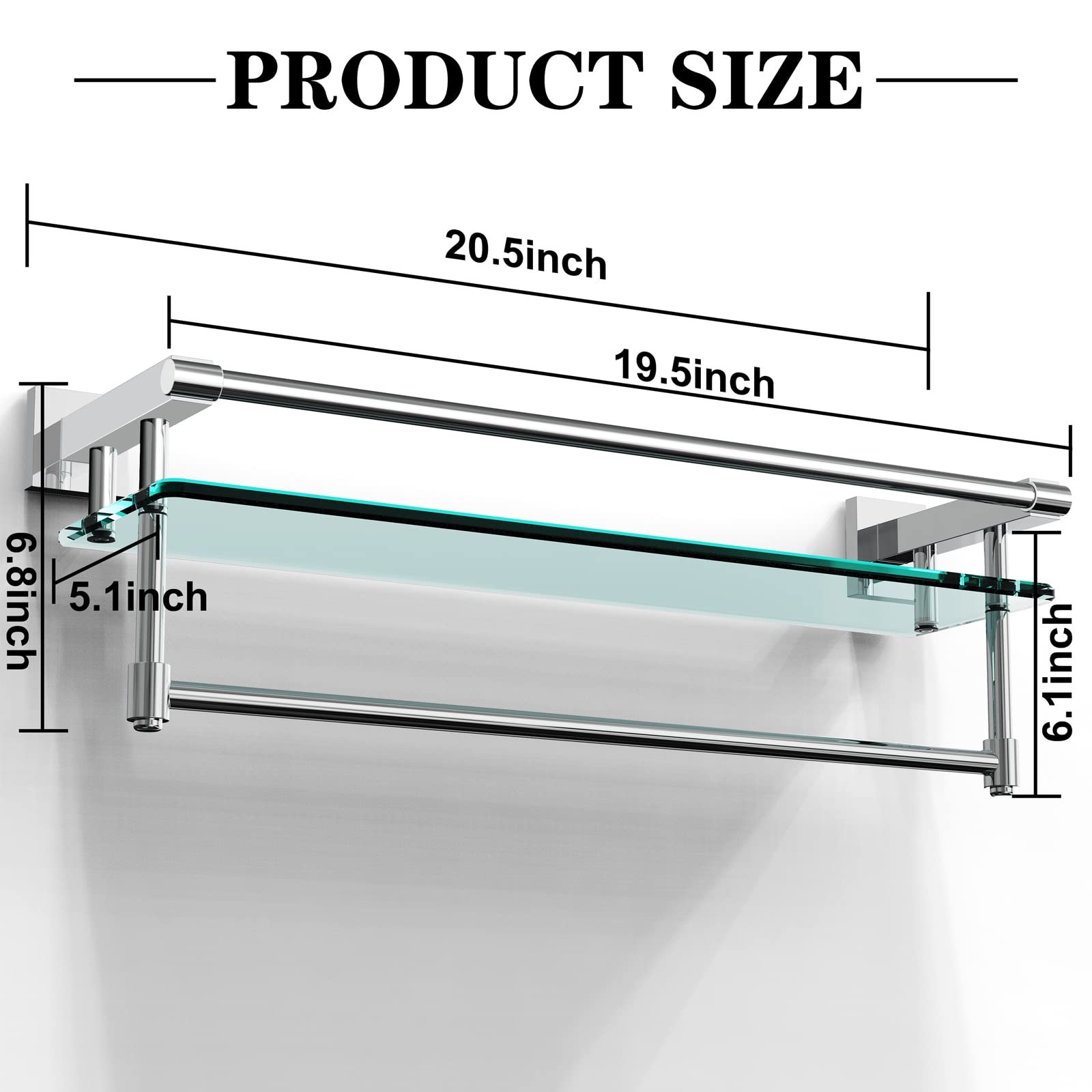 Woindo Bathroom Glass Shelf with Full-coverage Railing, Floating Tempered Glass Bathroom Wall Shelf Rectangle 20 Inch Over The Toilet Storage Cabinet, Towels, Gaming Floating Shelves - 图片 8