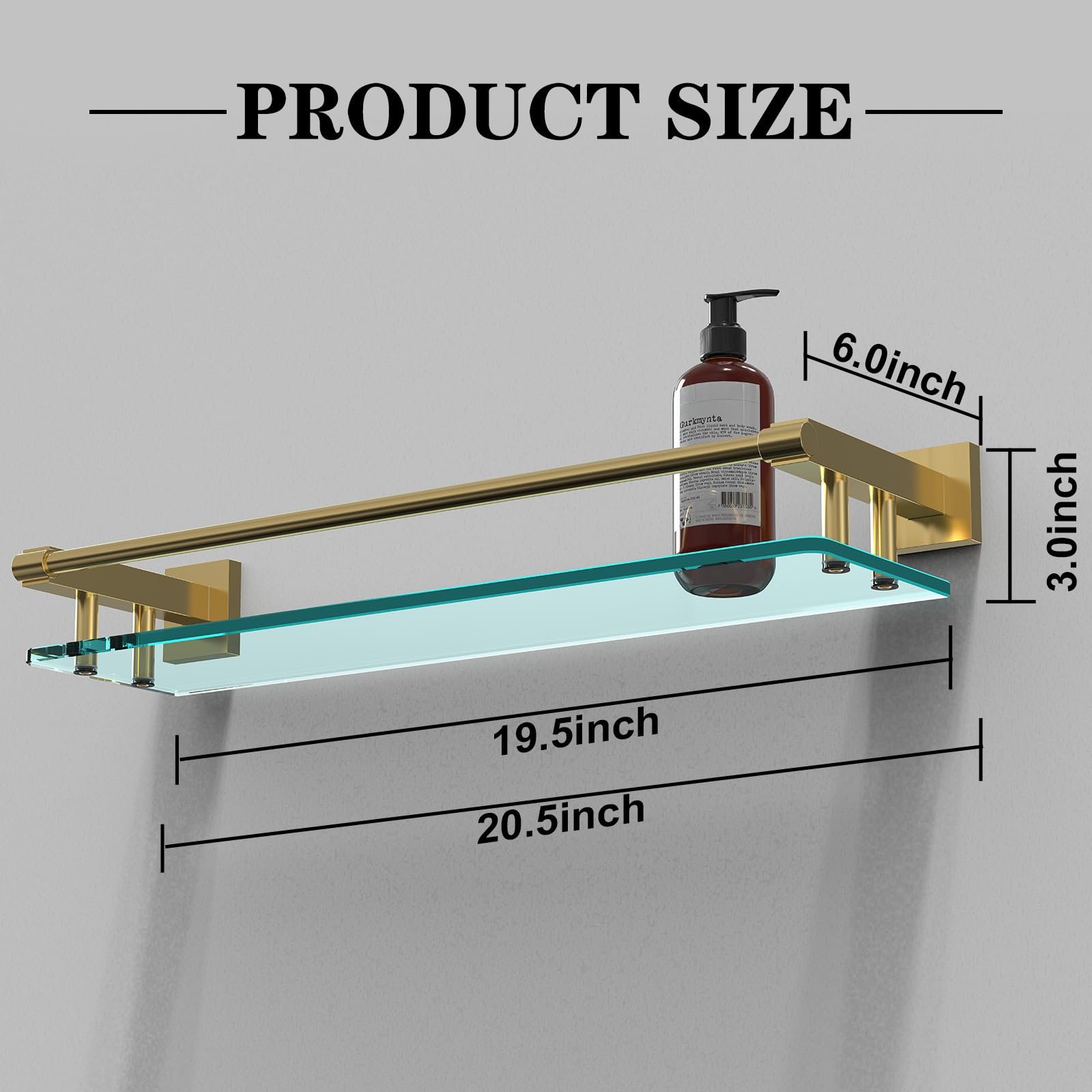 Woindo Bathroom Glass Shelf with Full-coverage Railing, Floating Tempered Glass Bathroom Wall Shelf Rectangle 20 Inch Shelves Gold Bracket Mount Modern - 图片 7