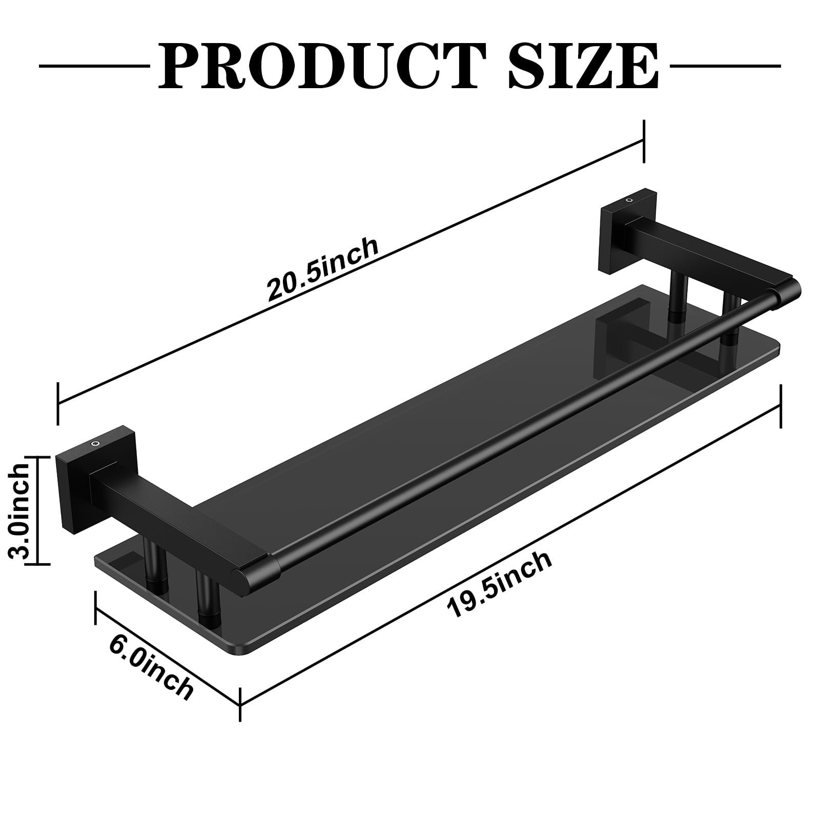 Woindo Bathroom Glass Shelf with Full-coverage Railing, Floating Tempered Glass Bathroom Wall Shelf Rectangle 20 Inch Shelves Black Bracket Mount Modern - 图片 9