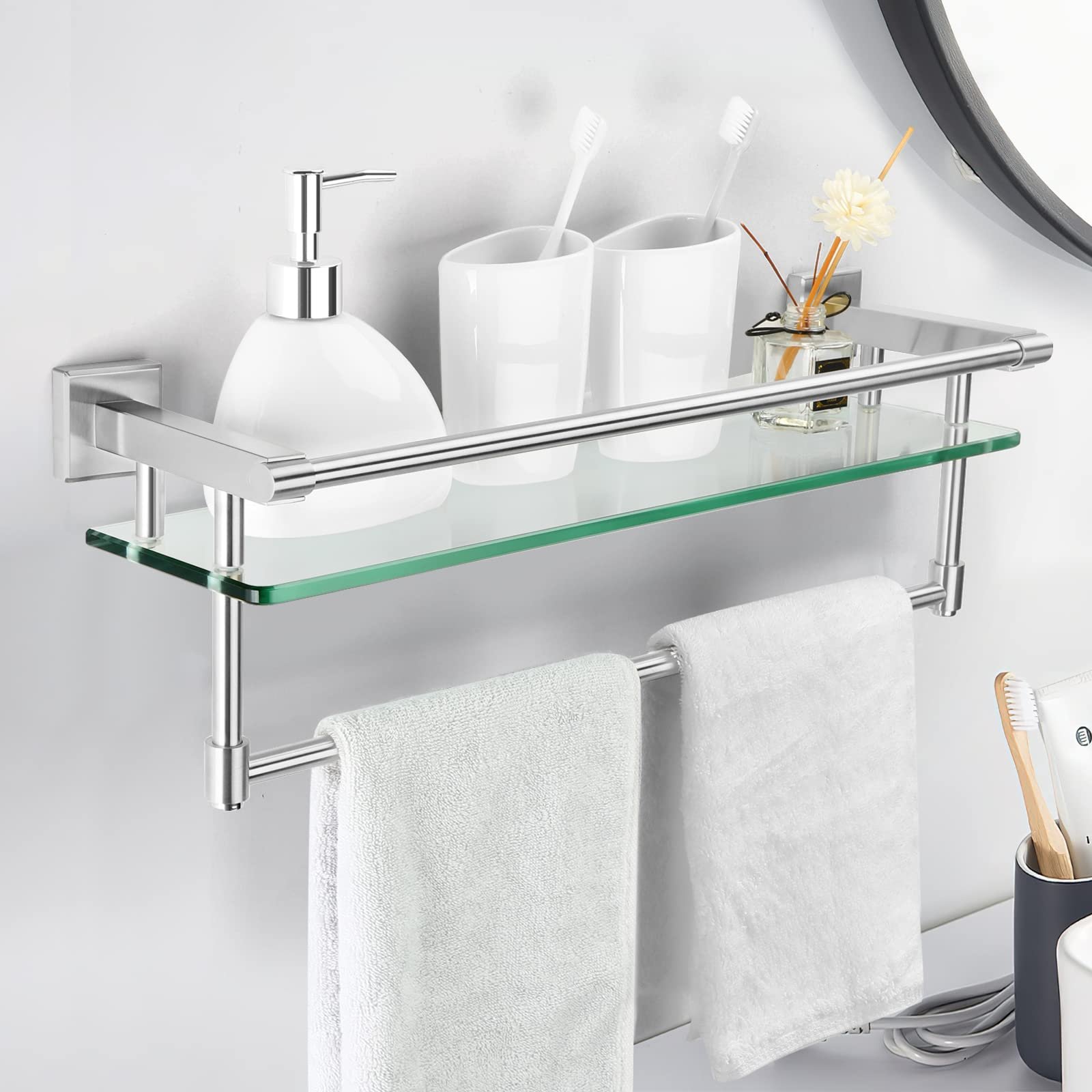 Woindo Bathroom Glass Shelf with Full-coverage Railing, Floating Tempered Glass Bathroom Wall Shelf Rectangle 20 Inch Over The Toilet Storage Cabinet, Towels, Gaming Floating Shelves - 图片 8