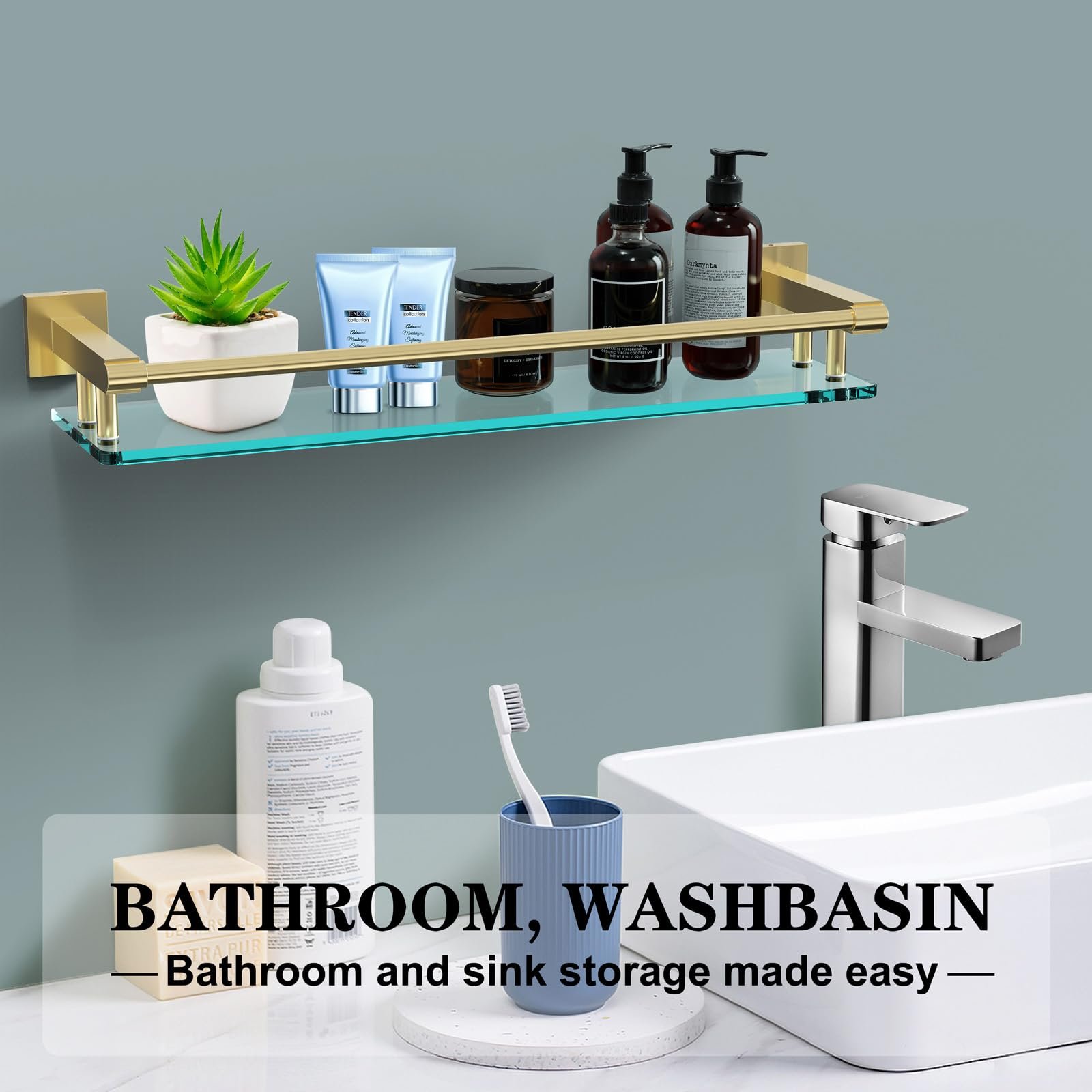 Woindo Bathroom Glass Shelf with Full-coverage Railing, Floating Tempered Glass Bathroom Wall Shelf Rectangle 20 Inch Shelves Gold Bracket Mount Modern - 图片 6