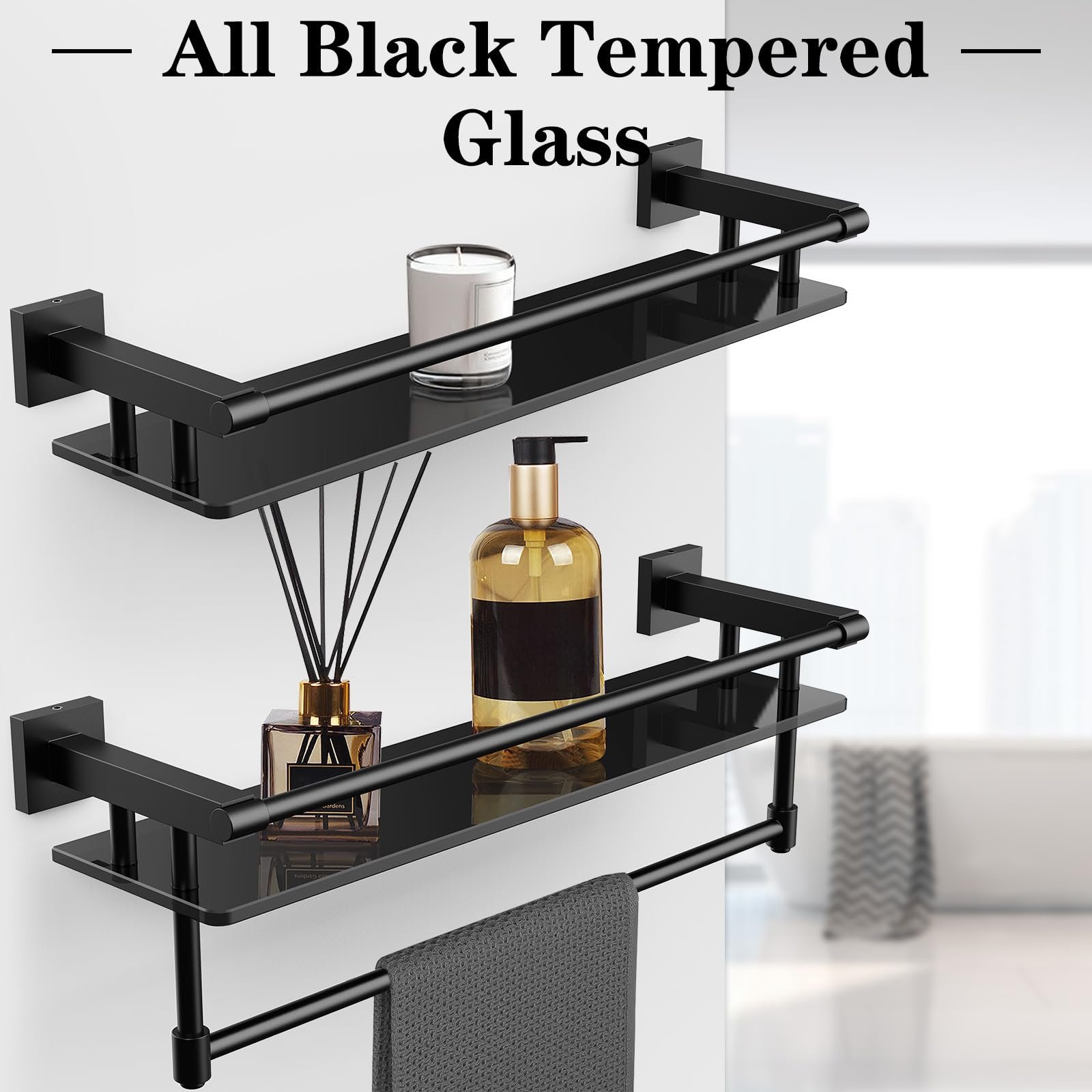 Woindo Bathroom Glass Shelf with Full-coverage Railing, Floating Tempered Glass Bathroom Wall Shelf Rectangle 20 Inch Shelves Black Bracket Mount Modern - 图片 8