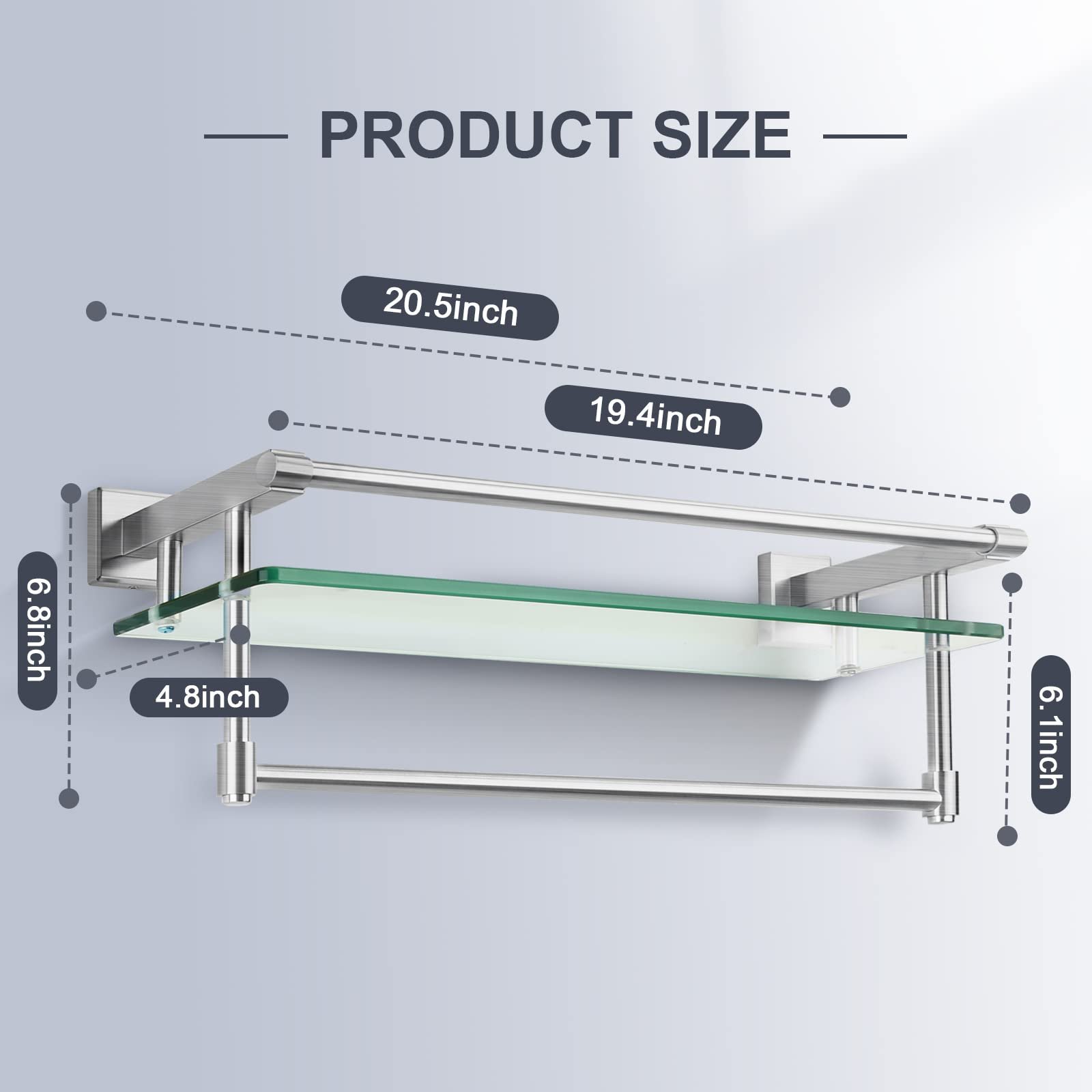Woindo Bathroom Glass Shelf with Full-coverage Railing, Floating Tempered Glass Bathroom Wall Shelf Rectangle 20 Inch Over The Toilet Storage Cabinet, Towels, Gaming Floating Shelves - 图片 7