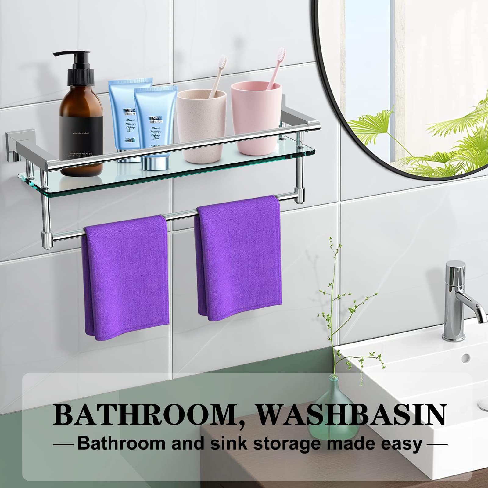 Woindo Bathroom Glass Shelf with Full-coverage Railing, Floating Tempered Glass Bathroom Wall Shelf Rectangle 20 Inch Over The Toilet Storage Cabinet, Towels, Gaming Floating Shelves - 图片 7