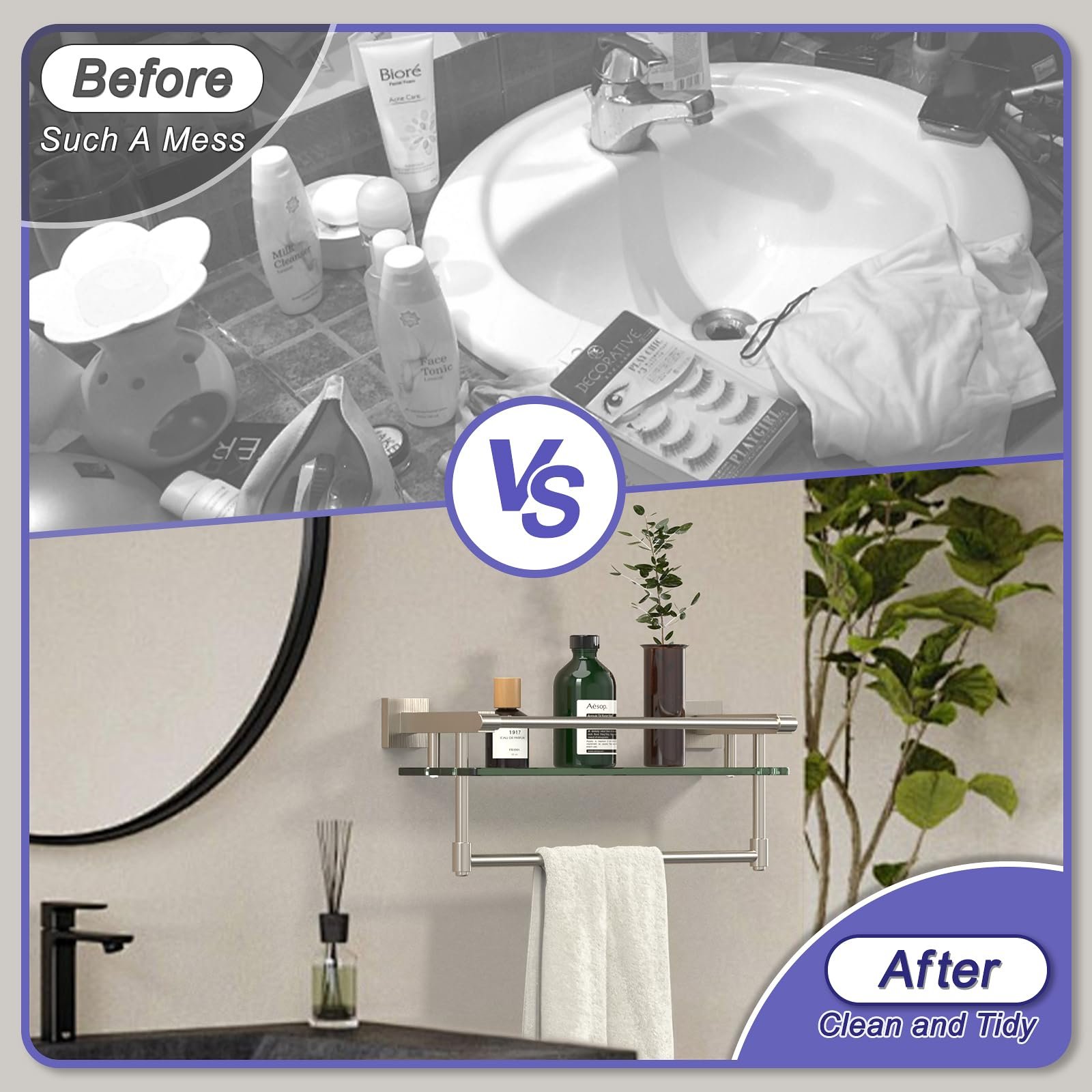 Woindo Bathroom Glass Shelf with Full-coverage Railing, Floating Tempered Glass Bathroom Wall Shelf Rectangle 16 Inch Over The Toilet Storage Cabinet, Towels, Gaming Floating Shelves - 图片 6