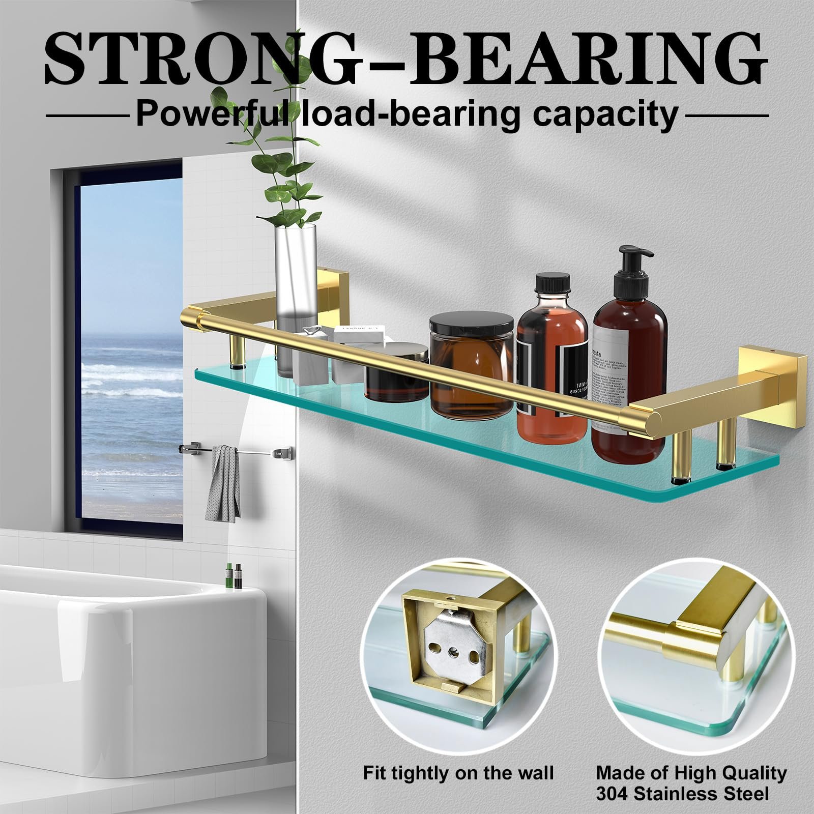 Woindo Bathroom Glass Shelf with Full-coverage Railing, Floating Tempered Glass Bathroom Wall Shelf Rectangle 20 Inch Shelves Gold Bracket Mount Modern - 图片 5