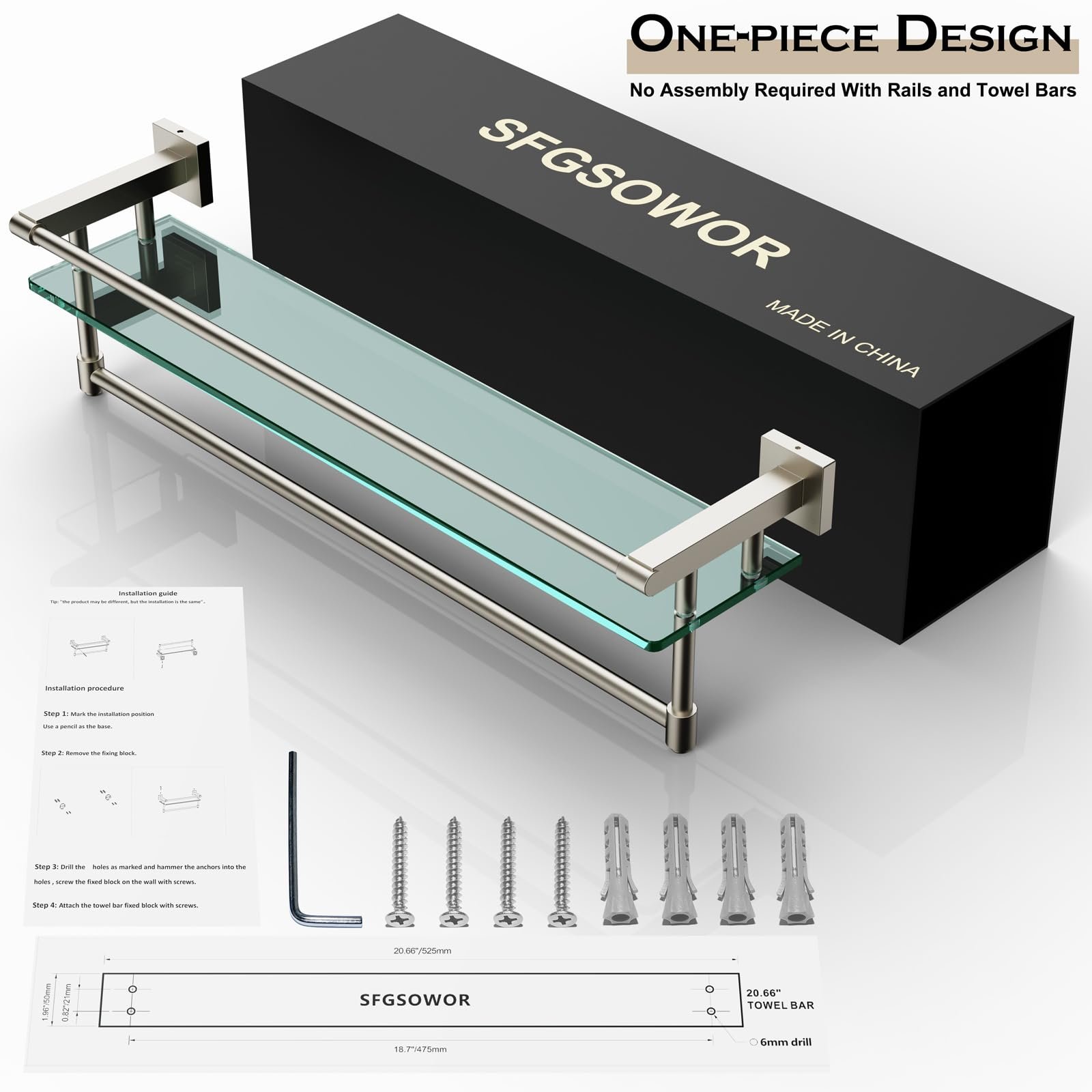 Woindo Bathroom Glass Shelf with Full-coverage Railing, Floating Tempered Glass Bathroom Wall Shelf Rectangle 20 Inch Over The Toilet Storage Cabinet, Towels, Gaming Floating Shelves - 图片 6