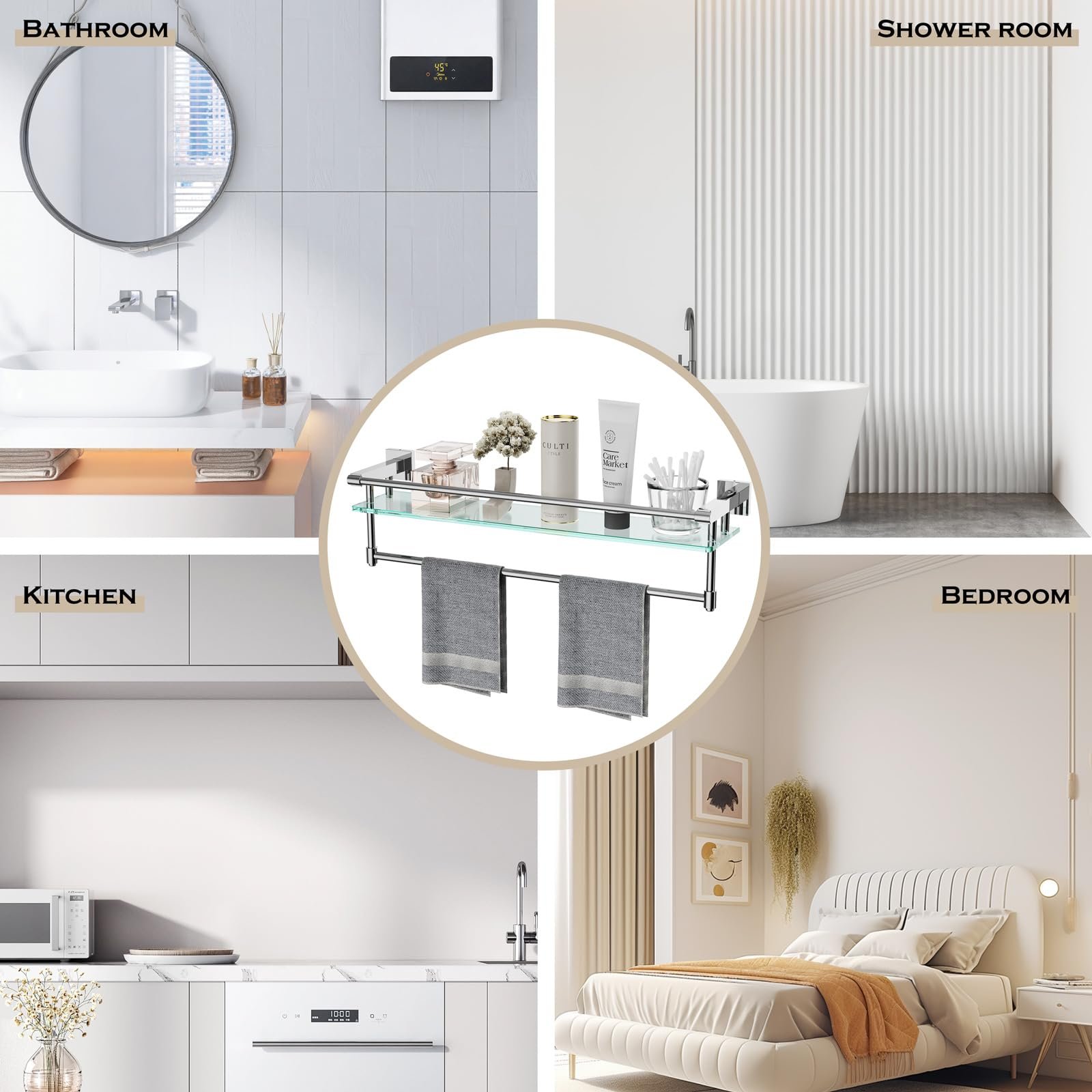 Woindo Bathroom Glass Shelf with Full-coverage Railing, Floating Tempered Glass Bathroom Wall Shelf Rectangle 20 Inch Over The Toilet Storage Cabinet, Towels, Gaming Floating Shelves - 图片 5