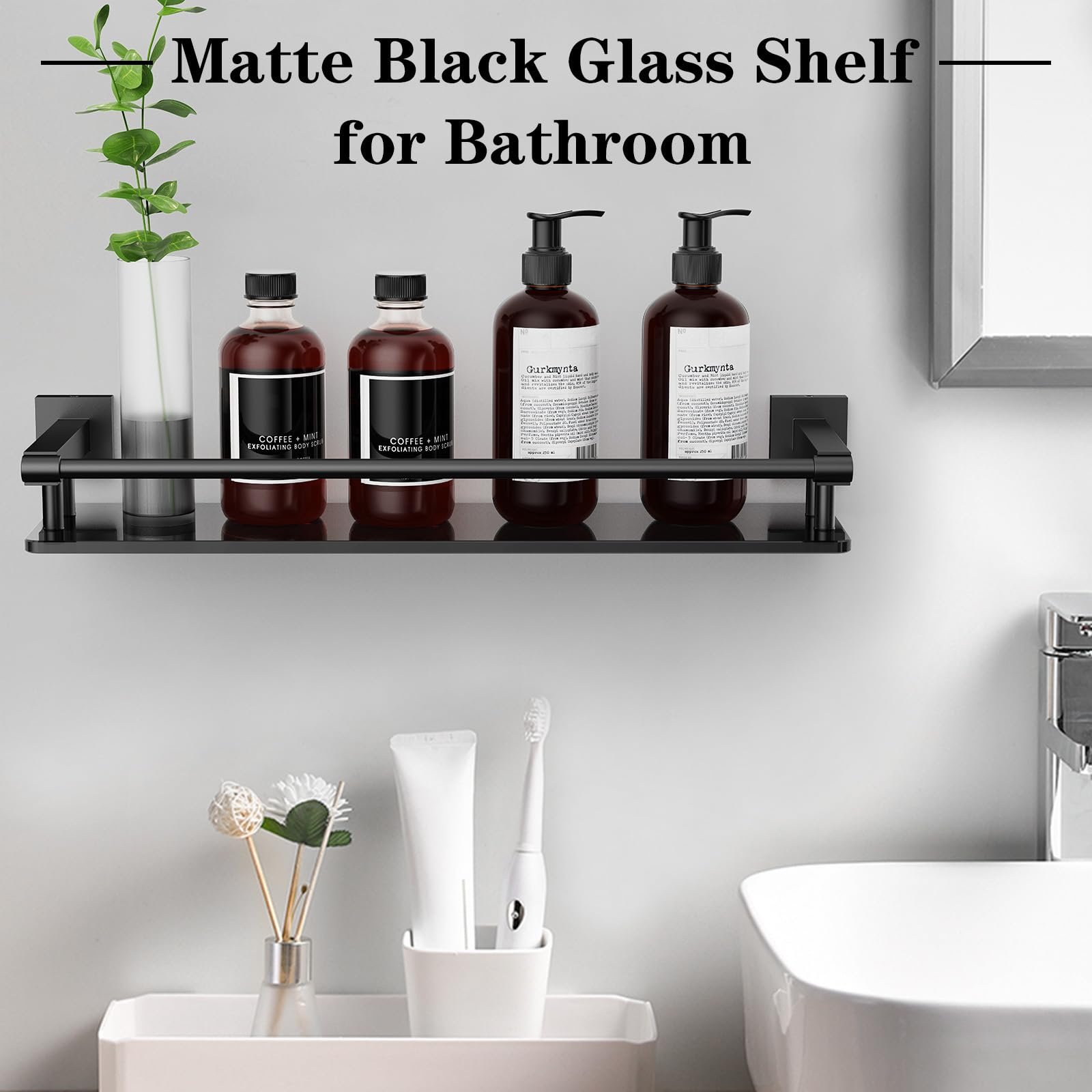 Woindo Bathroom Glass Shelf with Full-coverage Railing, Floating Tempered Glass Bathroom Wall Shelf Rectangle 20 Inch Shelves Black Bracket Mount Modern - 图片 6