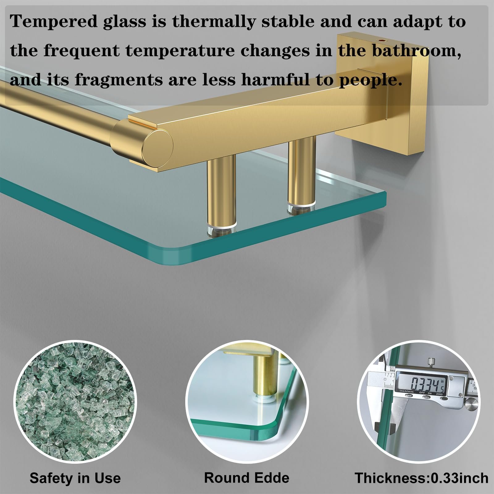 Woindo Bathroom Glass Shelf with Full-coverage Railing, Floating Tempered Glass Bathroom Wall Shelf Rectangle 20 Inch Shelves Gold Bracket Mount Modern - 图片 3