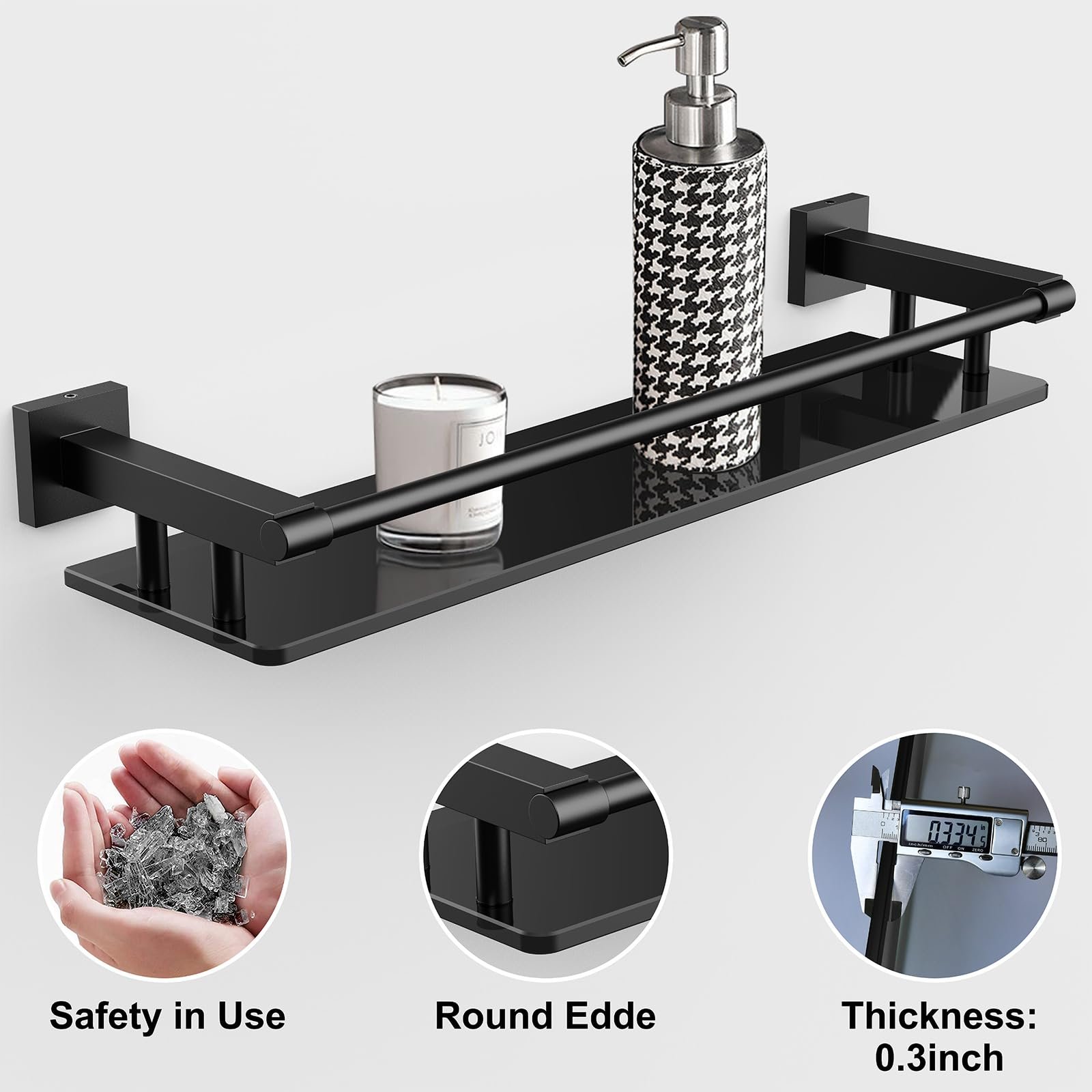 Woindo Bathroom Glass Shelf with Full-coverage Railing, Floating Tempered Glass Bathroom Wall Shelf Rectangle 20 Inch Shelves Black Bracket Mount Modern - 图片 5