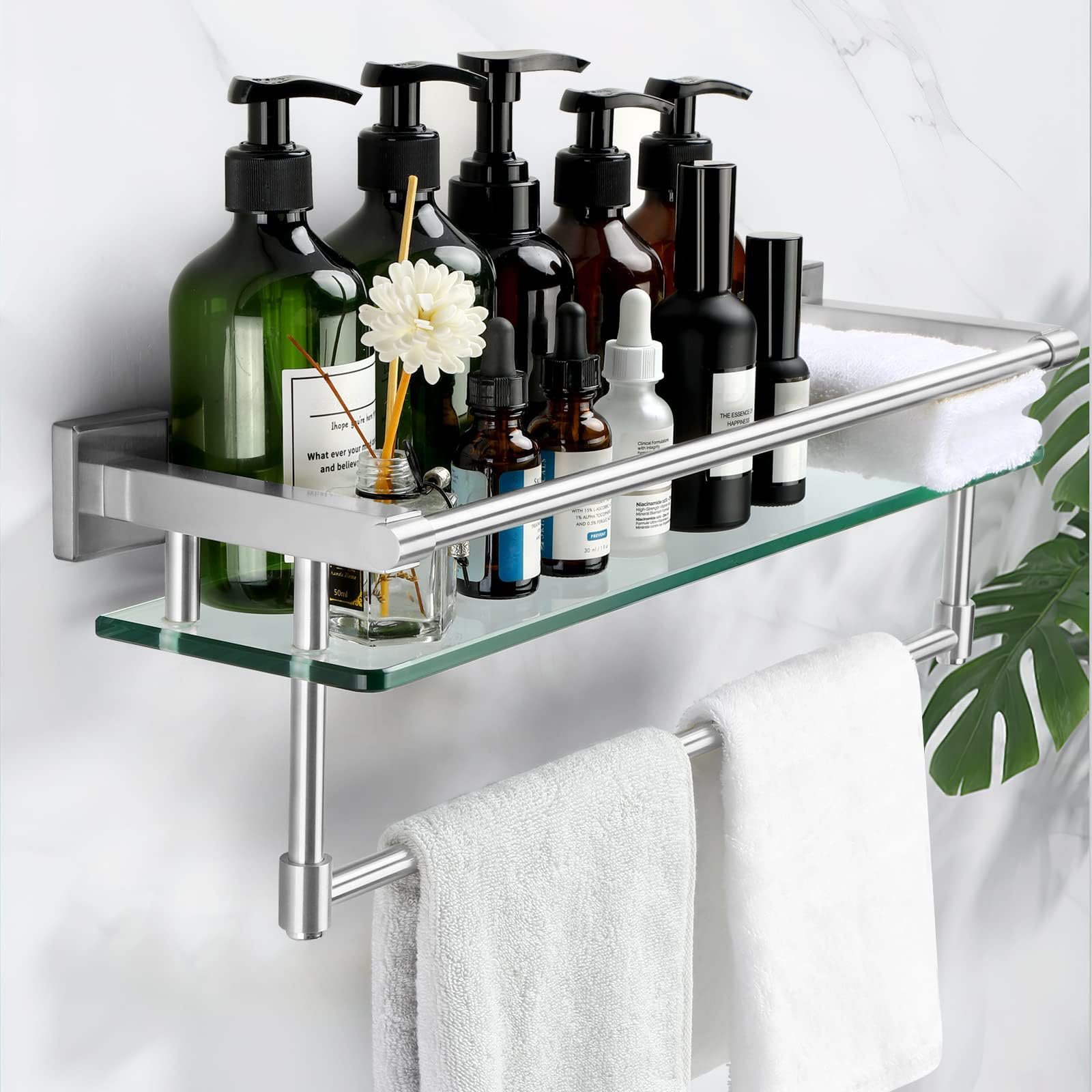 Woindo Bathroom Glass Shelf with Full-coverage Railing, Floating Tempered Glass Bathroom Wall Shelf Rectangle 20 Inch Over The Toilet Storage Cabinet, Towels, Gaming Floating Shelves - 图片 4