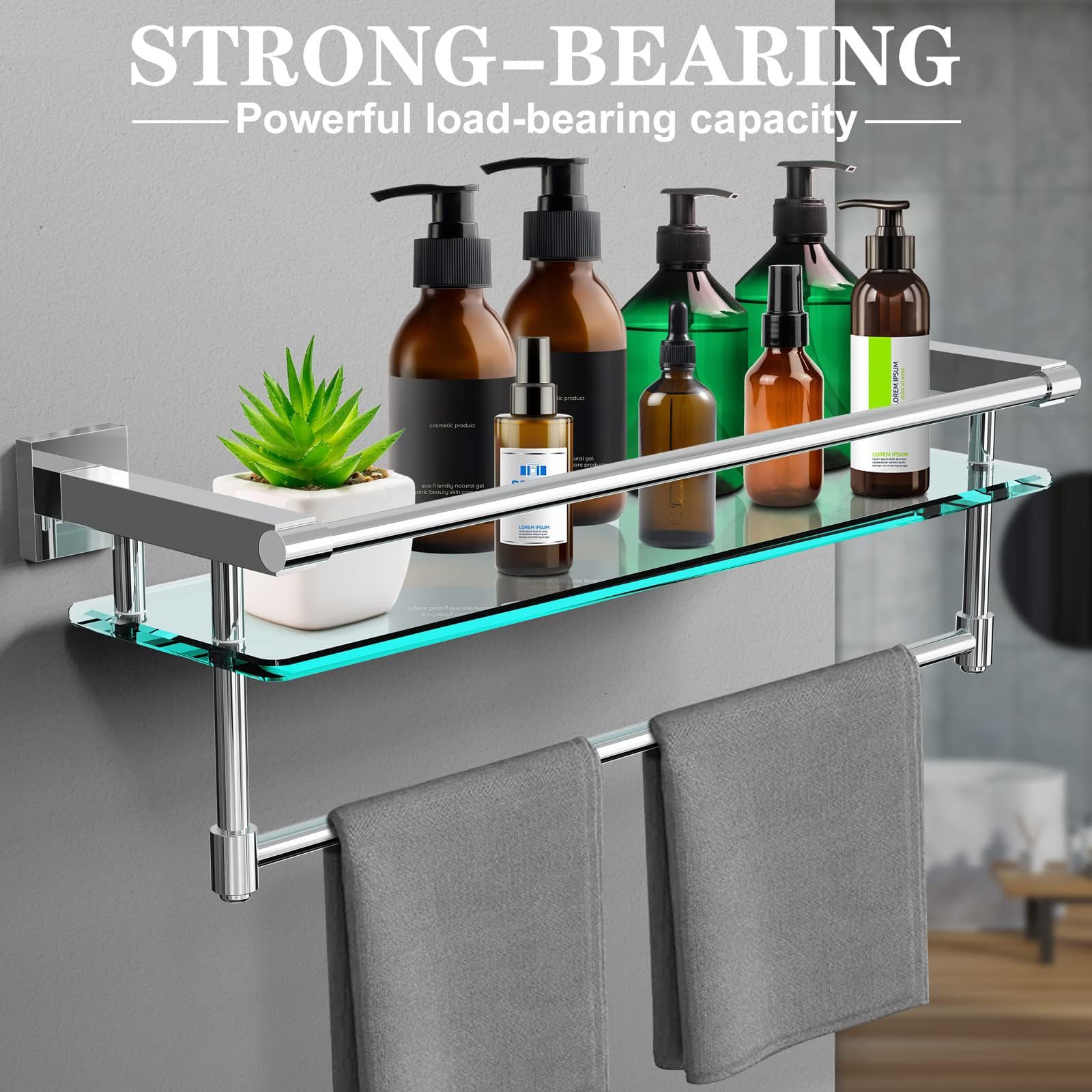 Woindo Bathroom Glass Shelf with Full-coverage Railing, Floating Tempered Glass Bathroom Wall Shelf Rectangle 20 Inch Over The Toilet Storage Cabinet, Towels, Gaming Floating Shelves - 图片 4