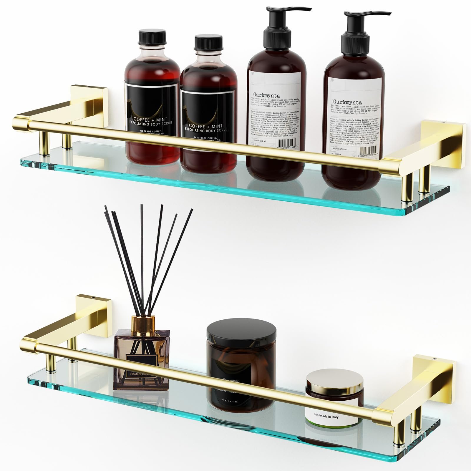 Woindo Bathroom Glass Shelf with Full-coverage Railing, Floating Tempered Glass Bathroom Wall Shelf Rectangle 20 Inch Shelves Gold Bracket Mount Modern - 图片 2