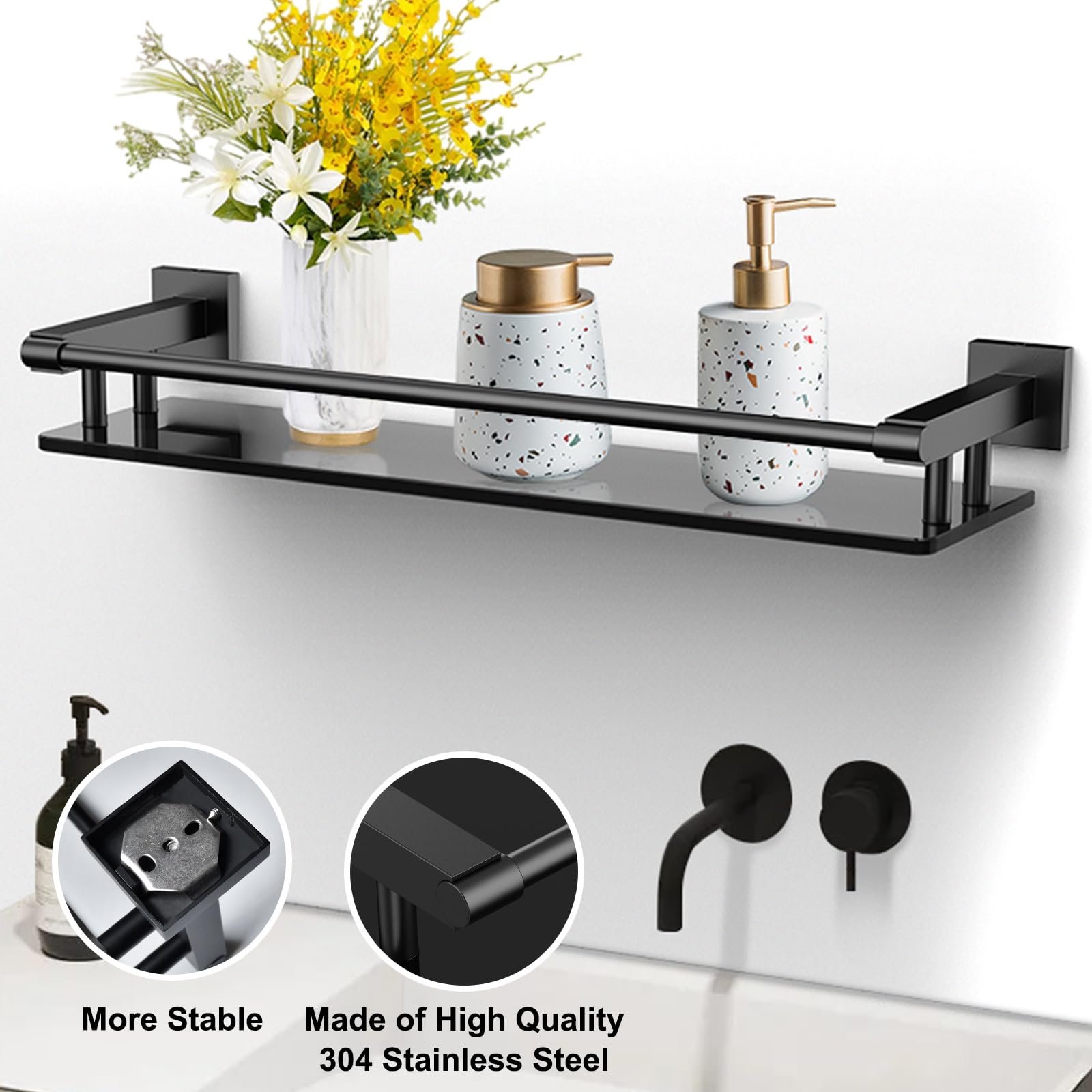 Woindo Bathroom Glass Shelf with Full-coverage Railing, Floating Tempered Glass Bathroom Wall Shelf Rectangle 20 Inch Shelves Black Bracket Mount Modern - 图片 4