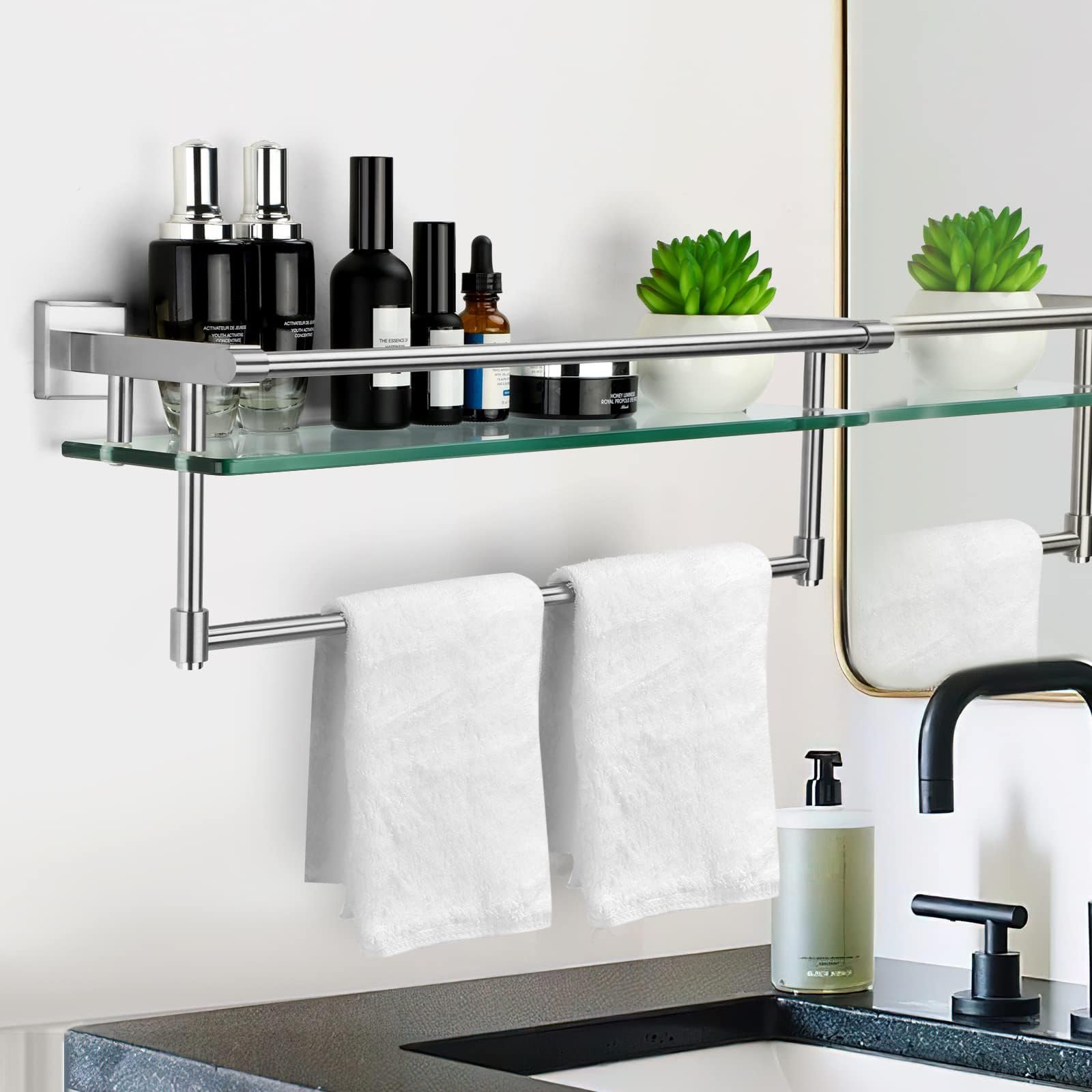 Woindo Bathroom Glass Shelf with Full-coverage Railing, Floating Tempered Glass Bathroom Wall Shelf Rectangle 20 Inch Over The Toilet Storage Cabinet, Towels, Gaming Floating Shelves - 图片 3