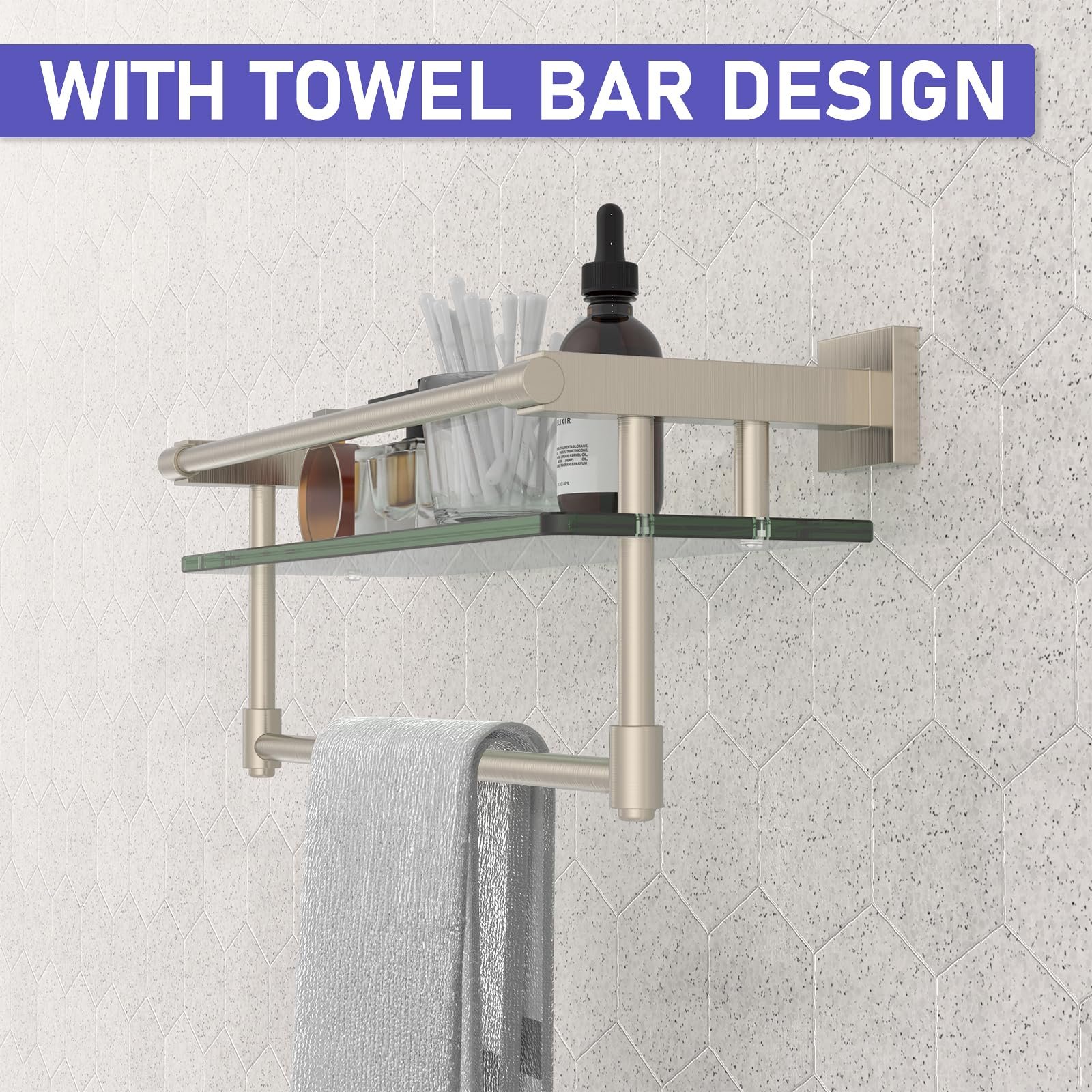 Woindo Bathroom Glass Shelf with Full-coverage Railing, Floating Tempered Glass Bathroom Wall Shelf Rectangle 16 Inch Over The Toilet Storage Cabinet, Towels, Gaming Floating Shelves - 图片 3