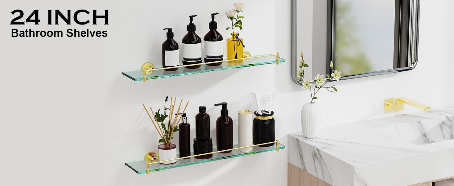 Woindo Bathroom Glass Shelf, Floating Tempered Glass Bathroom Wall Shelf Rectangle 24 Inch Shelves Gold Bracket Mount Modern - 图片 6