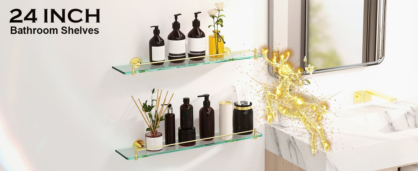 Woindo Bathroom Glass Shelf, Floating Tempered Glass Bathroom Wall Shelf Rectangle 24 Inch Shelves Gold Bracket Mount Modern - 图片 5