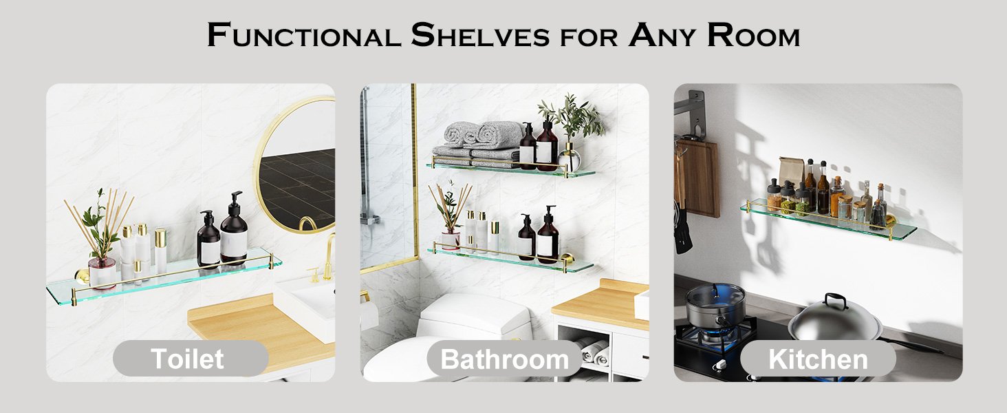 Woindo Bathroom Glass Shelf, Floating Tempered Glass Bathroom Wall Shelf Rectangle 24 Inch Shelves Gold Bracket Mount Modern - 图片 2