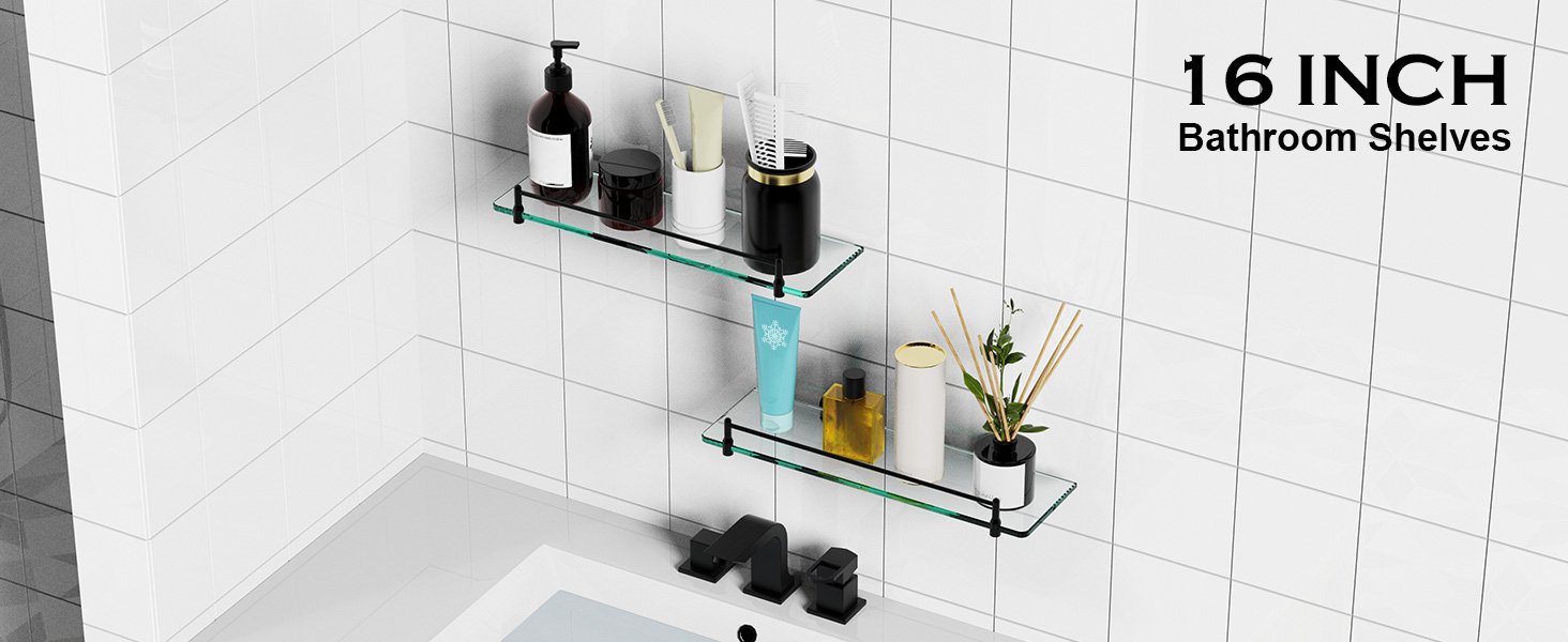 Woindo Bathroom Glass Shelf with Railing, Floating Tempered Glass Bathroom Wall Shelf Rectangle 16 Inch Shelves Black Bracket Mount Modern - 图片 5