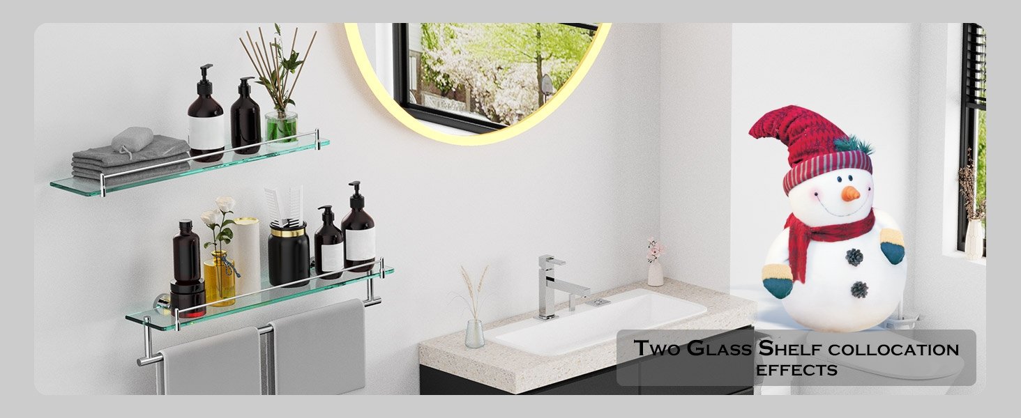 Woindo Bathroom Glass Shelf, Floating Tempered Glass Bathroom Wall Shelf Rectangle 24 inch Shelves Chrome Polished Bracket Mount Modern - 图片 2
