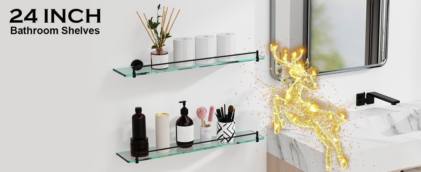 Woindo Bathroom Glass Shelf, Floating Tempered Glass Bathroom Wall Shelf Rectangle 24 Inch Shelves Black Bracket Mount Modern - 图片 2
