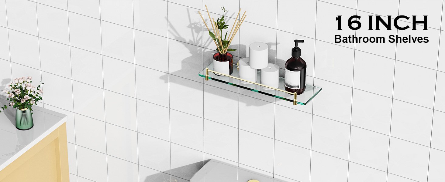 Woindo Bathroom Glass Shelf with Railing, Floating Tempered Glass Bathroom Wall Shelf Rectangle 16 Inch Shelves Gold Bracket Mount Modern - 图片 5