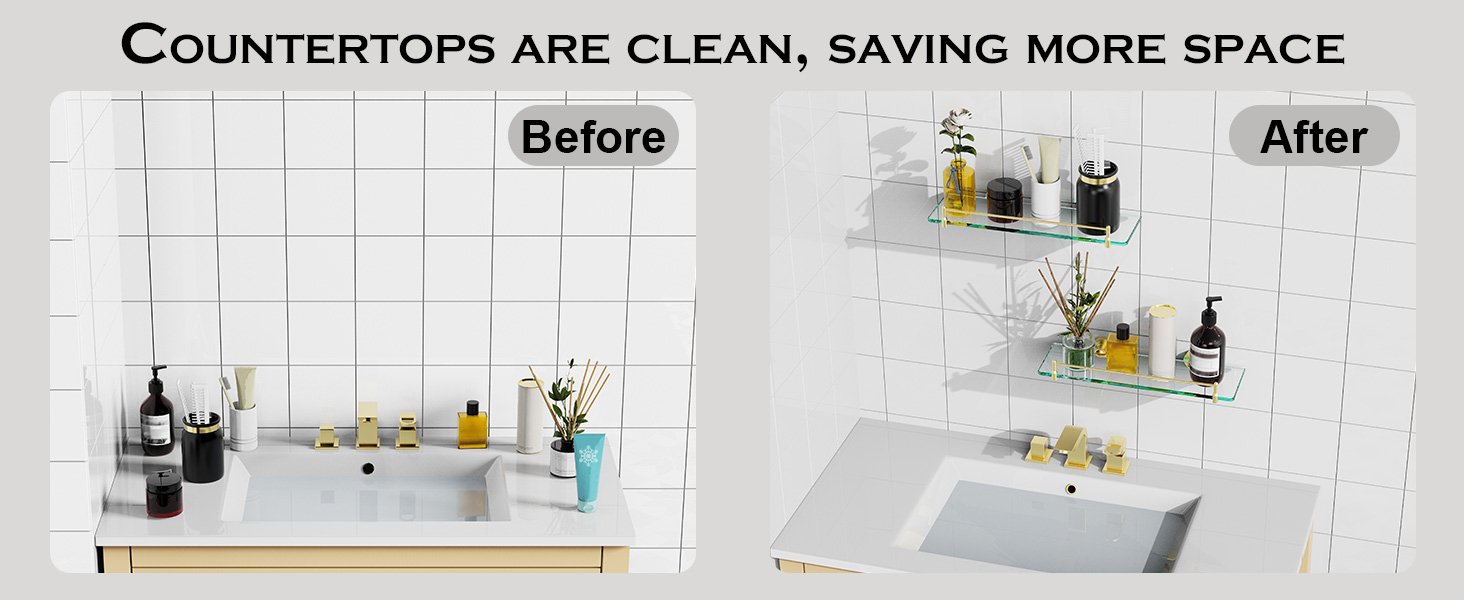 Woindo Bathroom Glass Shelf with Railing, Floating Tempered Glass Bathroom Wall Shelf Rectangle 16 Inch Shelves Gold Bracket Mount Modern - 图片 4