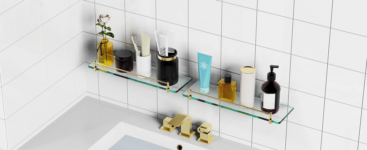 Woindo Bathroom Glass Shelf with Railing, Floating Tempered Glass Bathroom Wall Shelf Rectangle 16 Inch Shelves Gold Bracket Mount Modern - 图片 2