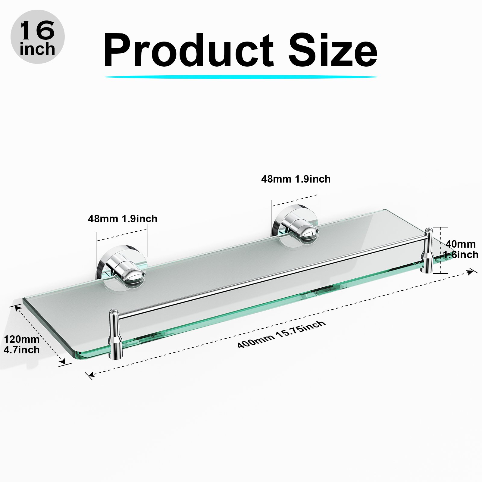 Bathroom Glass Shelf, Floating Tempered Glass Wall Shelf, Rectangle, 16‑inch with Railing, Chrome Polished, Modern, Wall Mounted, 2 Pack - 图片 2
