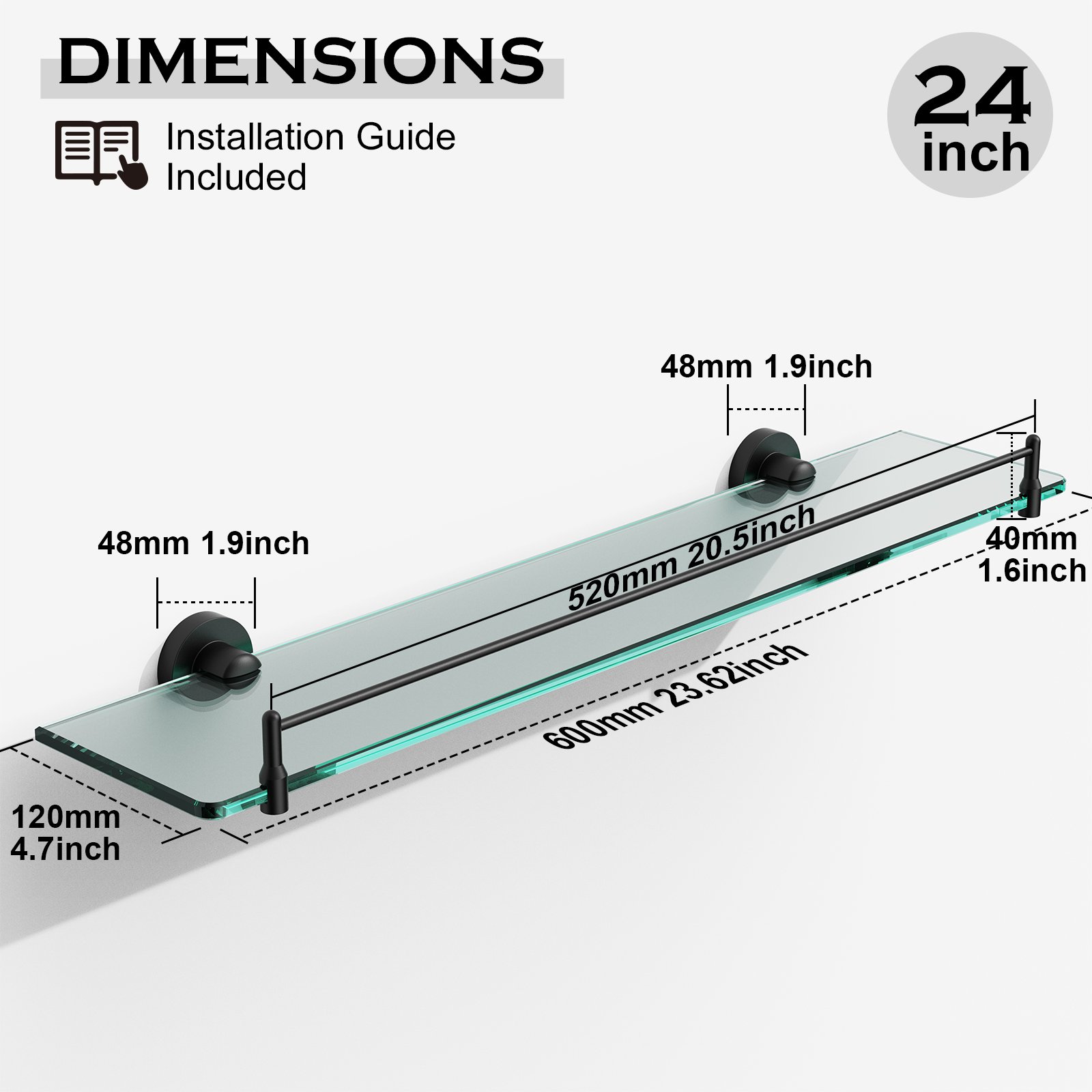 Bathroom Glass Shelf, Floating Stainless Steel Tempered Glass Wall Shelf, Rectangle, 24‑inch, Matte Black, Modern, Wall Mounted, 2 Pack - 图片 2