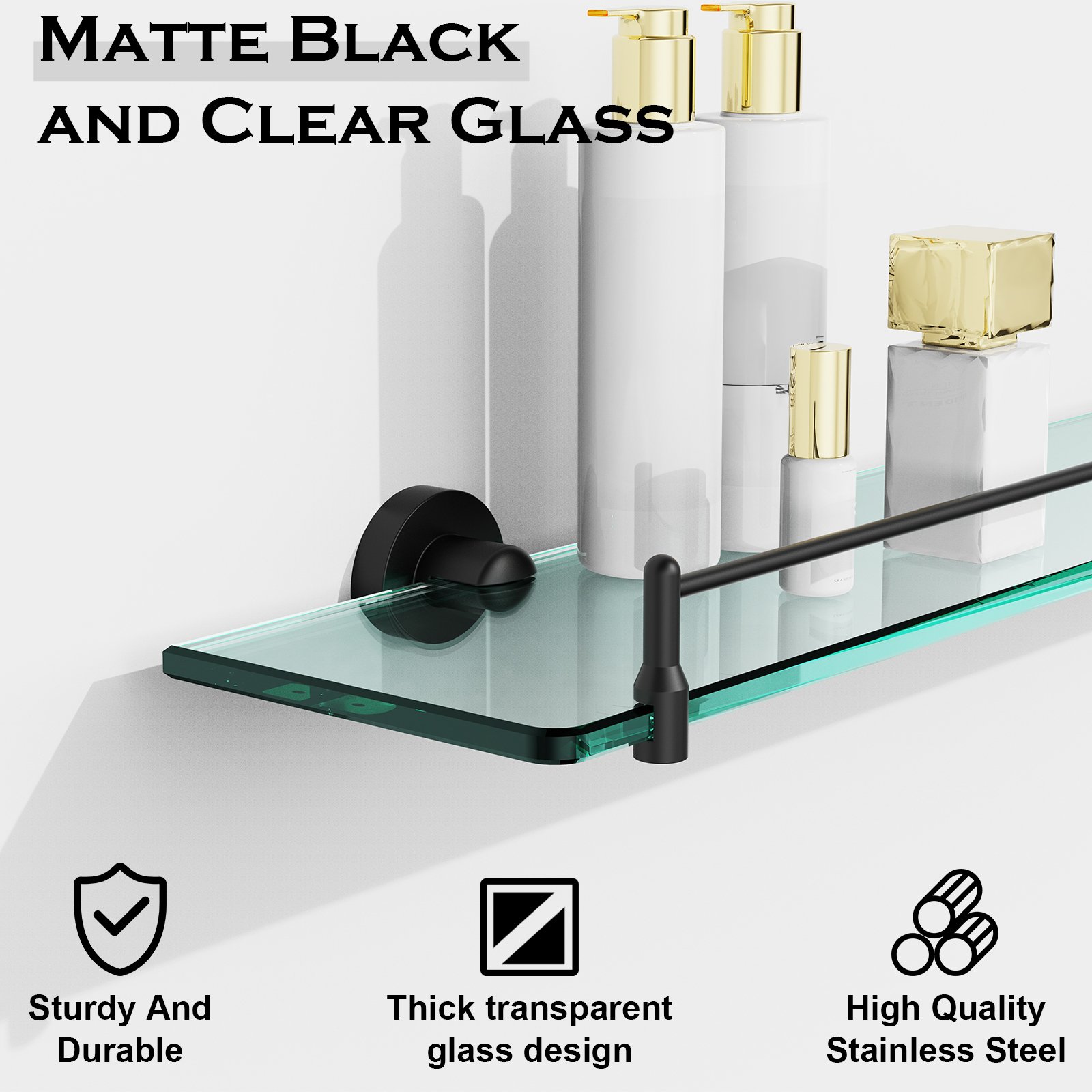 Bathroom Glass Shelf, Floating Stainless Steel Tempered Glass Wall Shelf, Rectangle, 24‑inch, Matte Black, Modern, Wall Mounted, 2 Pack - 图片 3